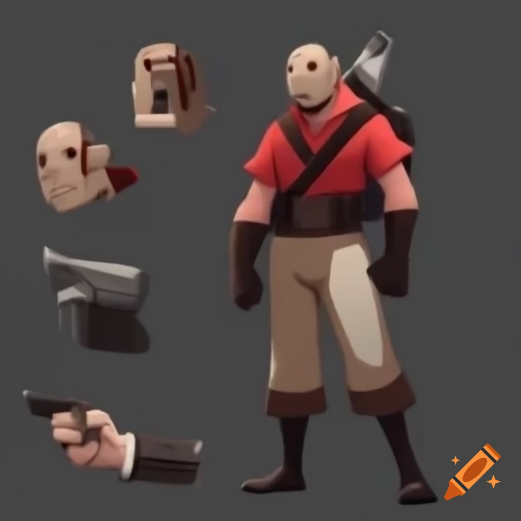 Concept art of unique character class for Team Fortress 2 showcasing design and weaponry on Craiyon