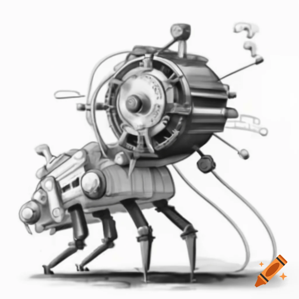 Line drawing of steam-powered decoder wheel with mechanical legs by Walter Gropius