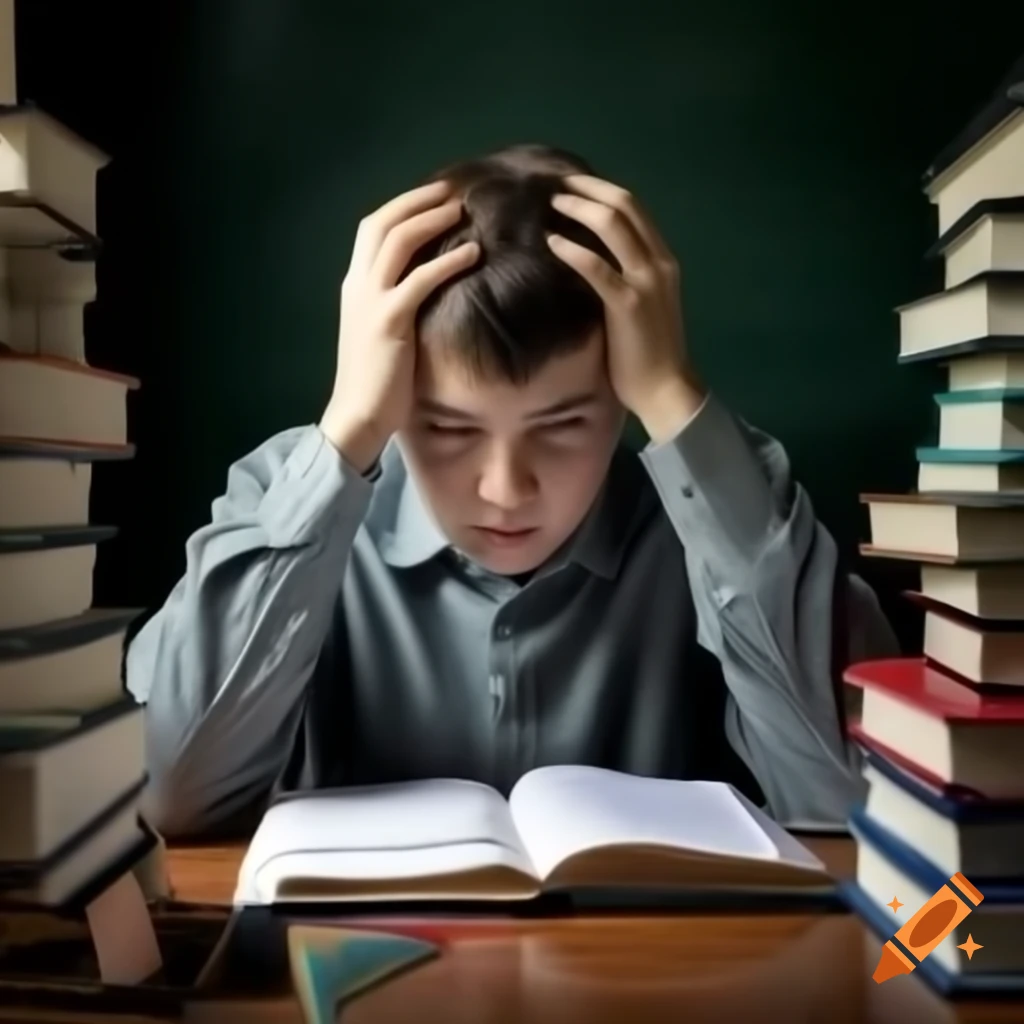 Student stressed at desk with books and exam papers