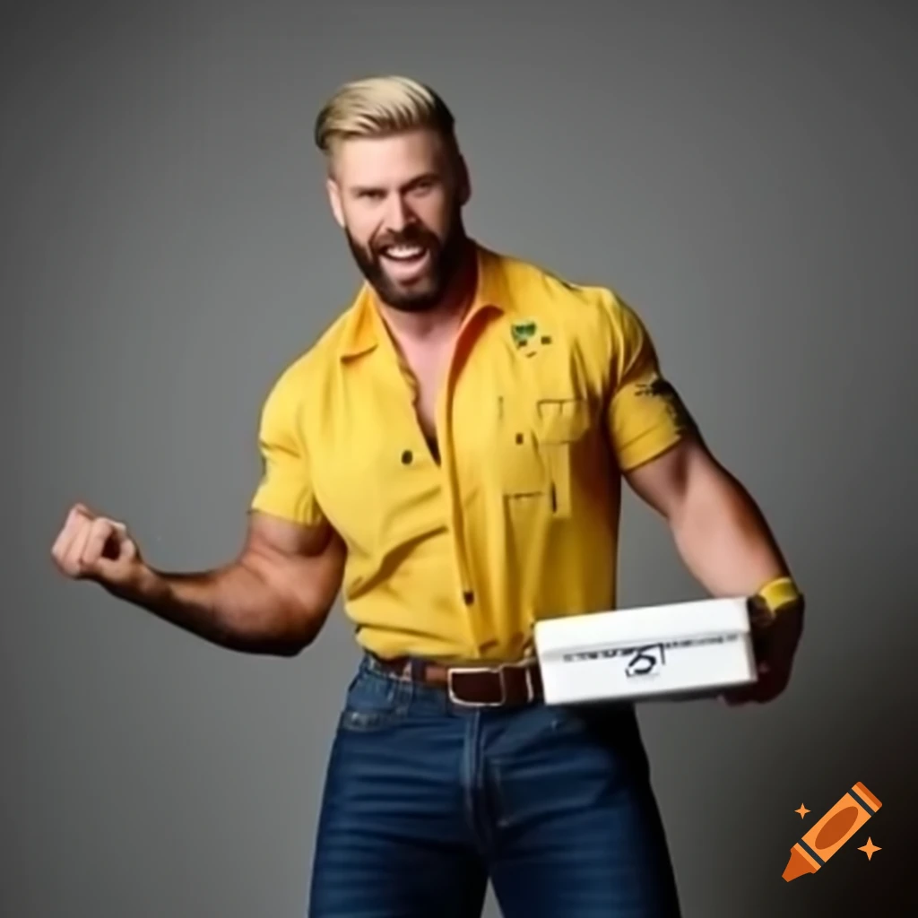 Athletic man in formal yellow shirt and jeans holding a white gift box, smiling