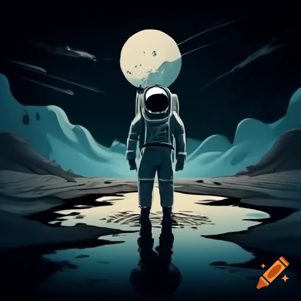 Astronaut kneeling by reflective puddle on desolate moon surface with damaged spacesuit