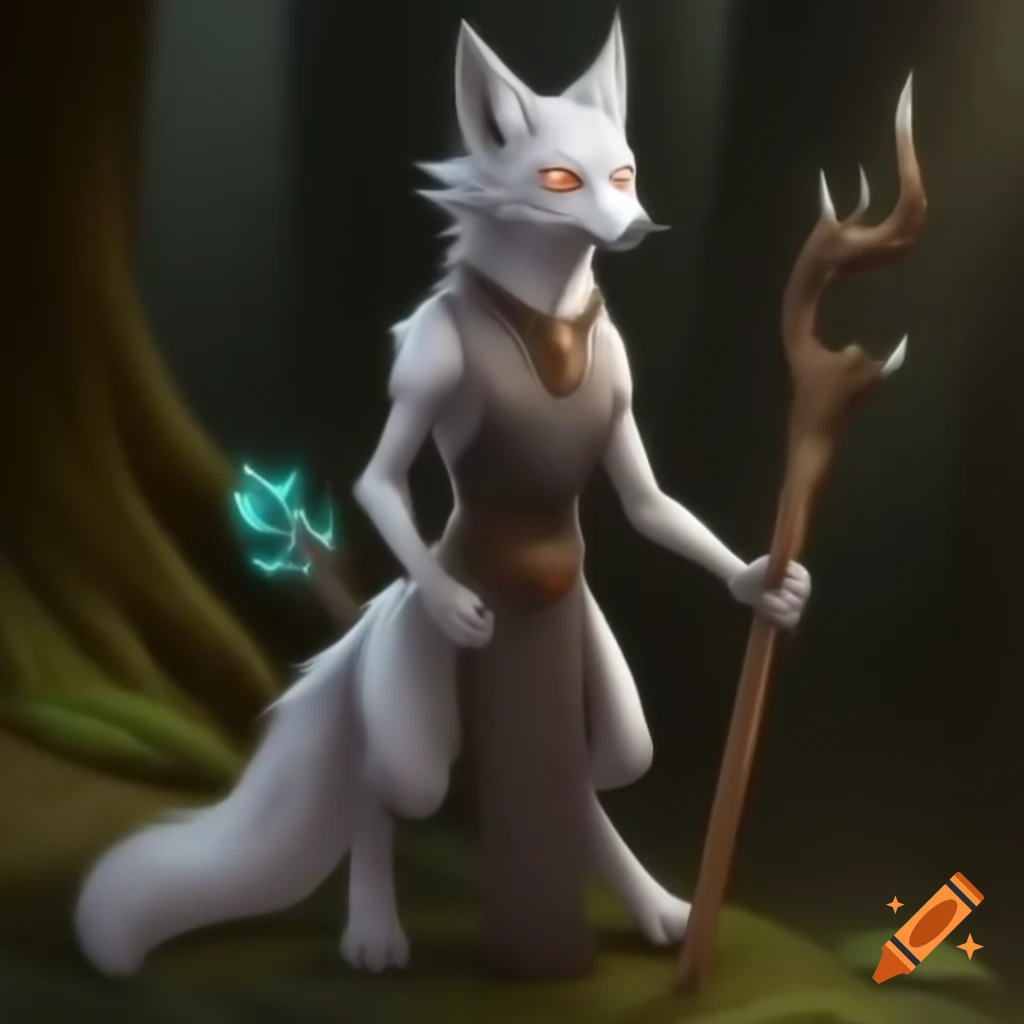 Anthropomorphic kitsune with grey fur and multiple bushy tails standing ...