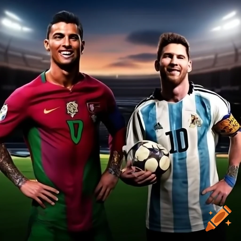 Cristiano Ronaldo and Lionel Messi on football field at sunset in national team jerseys