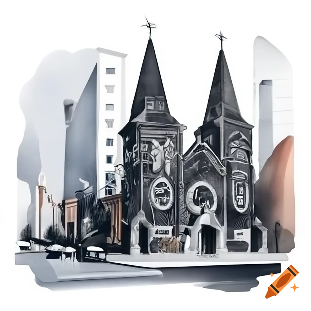 Black and white church in dark city setting, evoking a crime story atmosphere