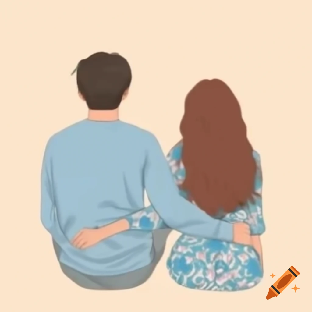 Anime couple sitting together, girl leaning on boy's shoulder, holding hands, floral dress