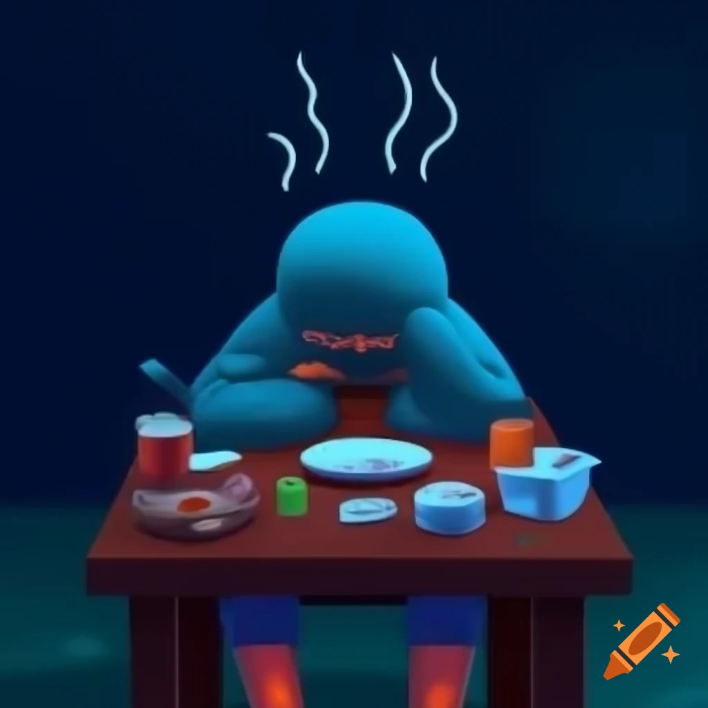 Sad cartoon character at table with cold food, gloomy atmosphere ...
