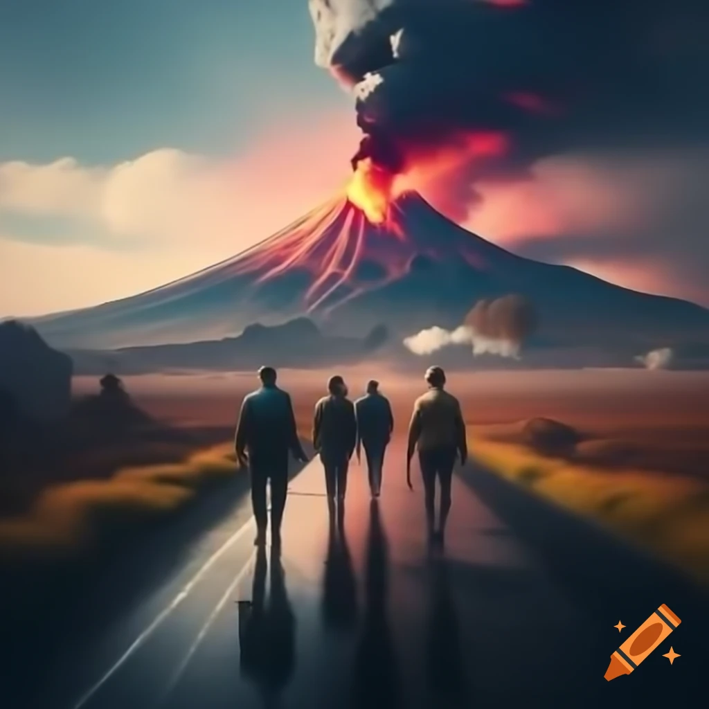 People walking towards erupting Mount Etna in cyberpunk pinup style