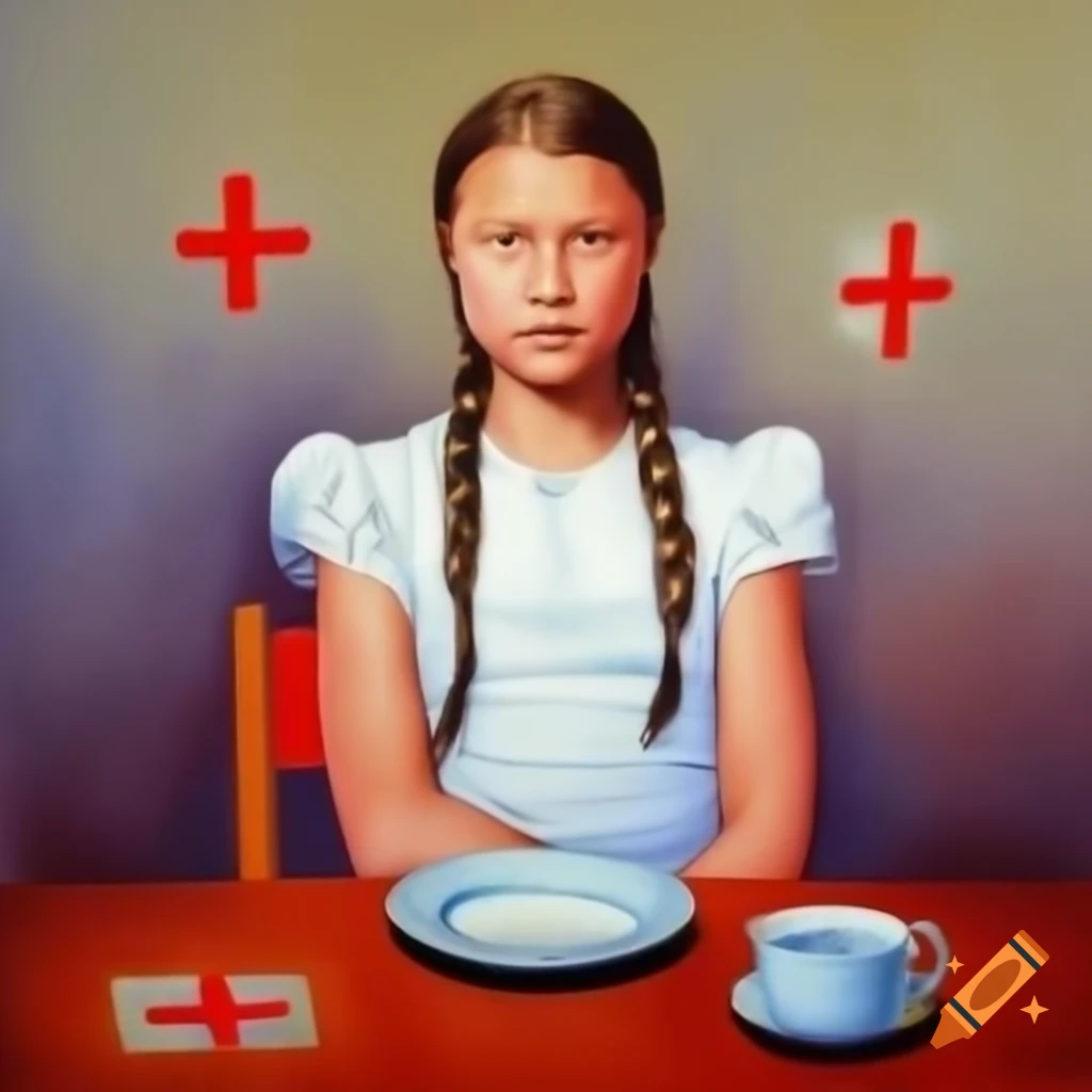 Greta Thunberg at table with Red Cross emergency rations