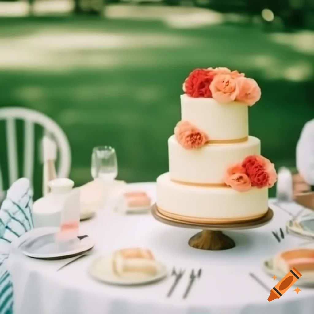 Vintage cake displayed in a park during summertime