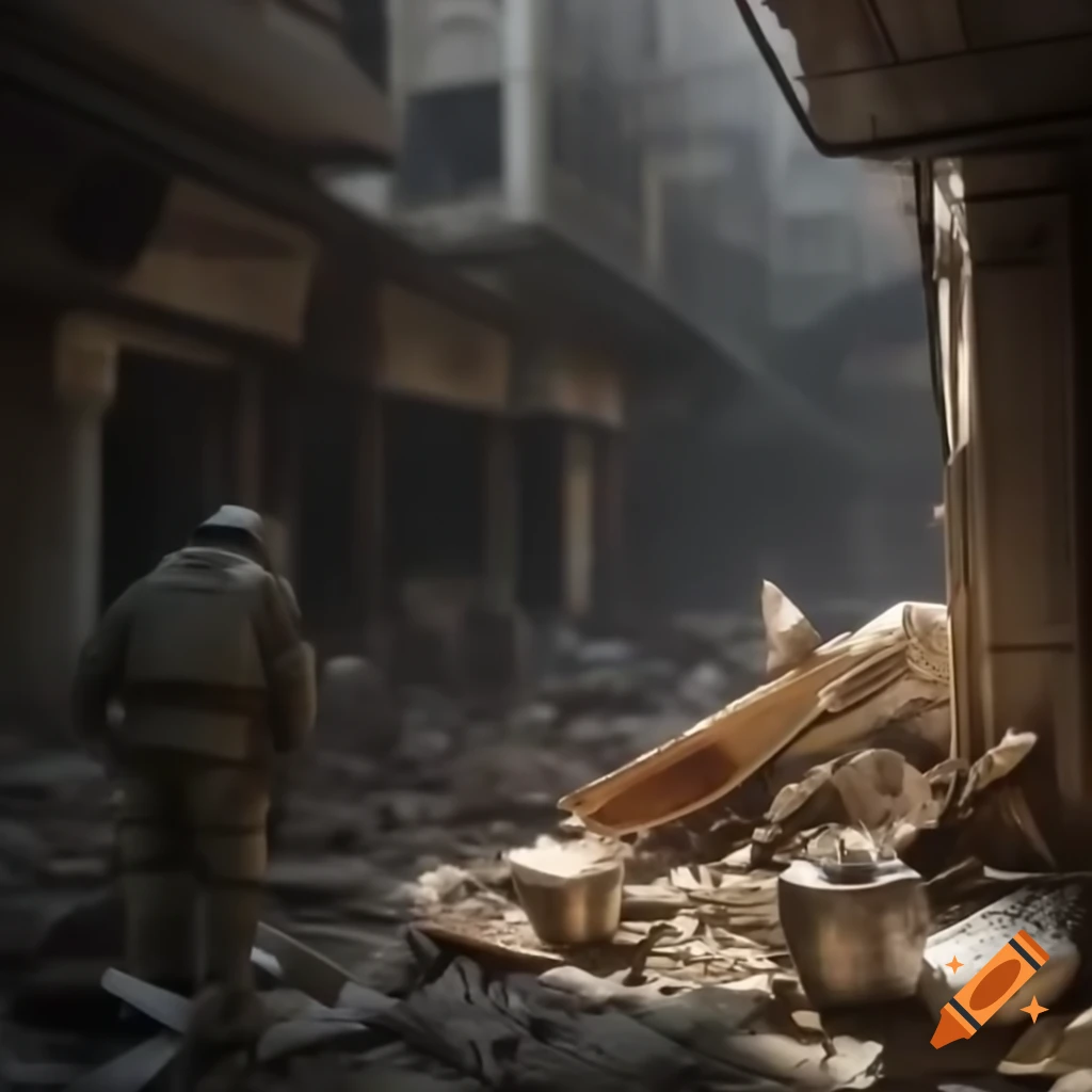 Desperate people in ruined city reaching for food supplies being blocked by armed forces