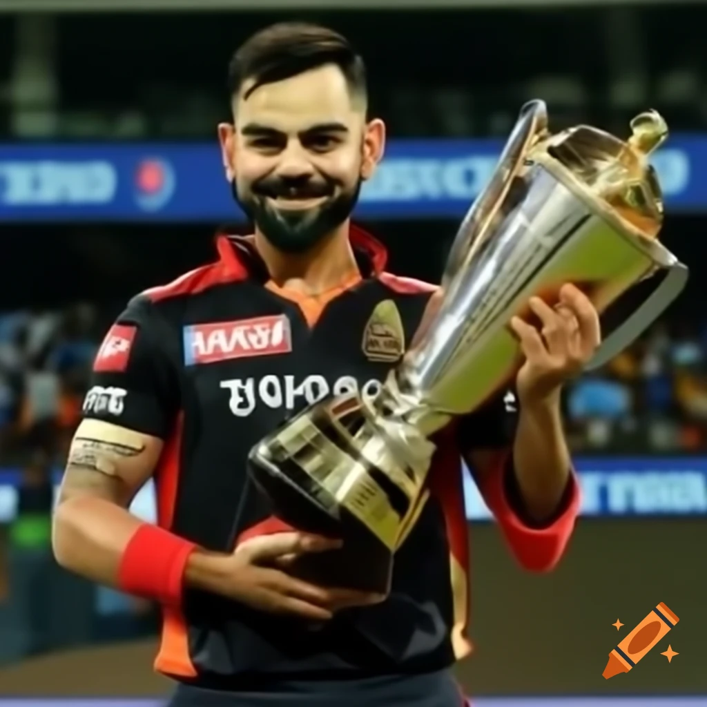 Virat Kohli celebrating with IPL trophy while wearing RCB jersey