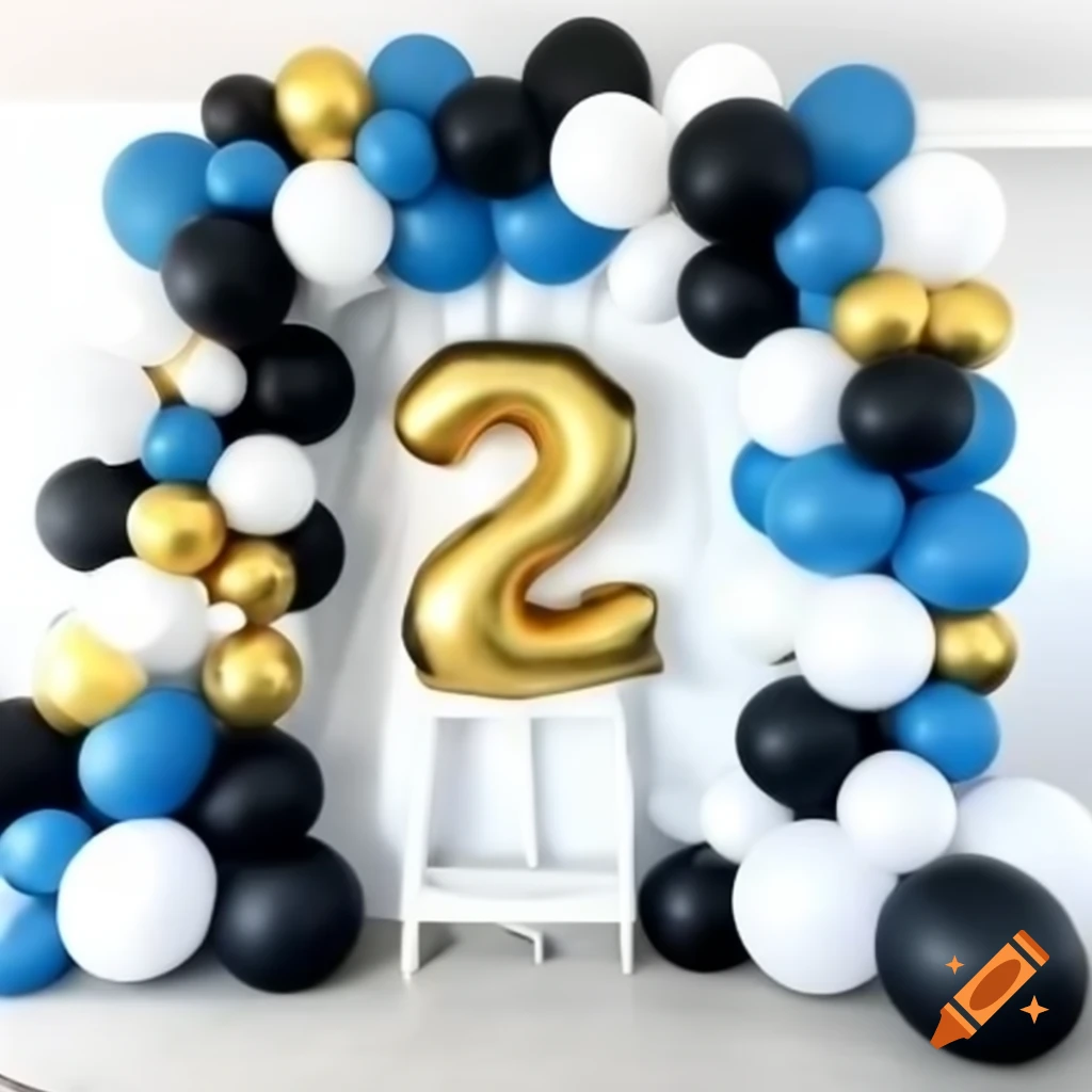 Square backdrop with black and white drapes, balloon garland in black, blue, white, and gold, and 2025 number balloons
