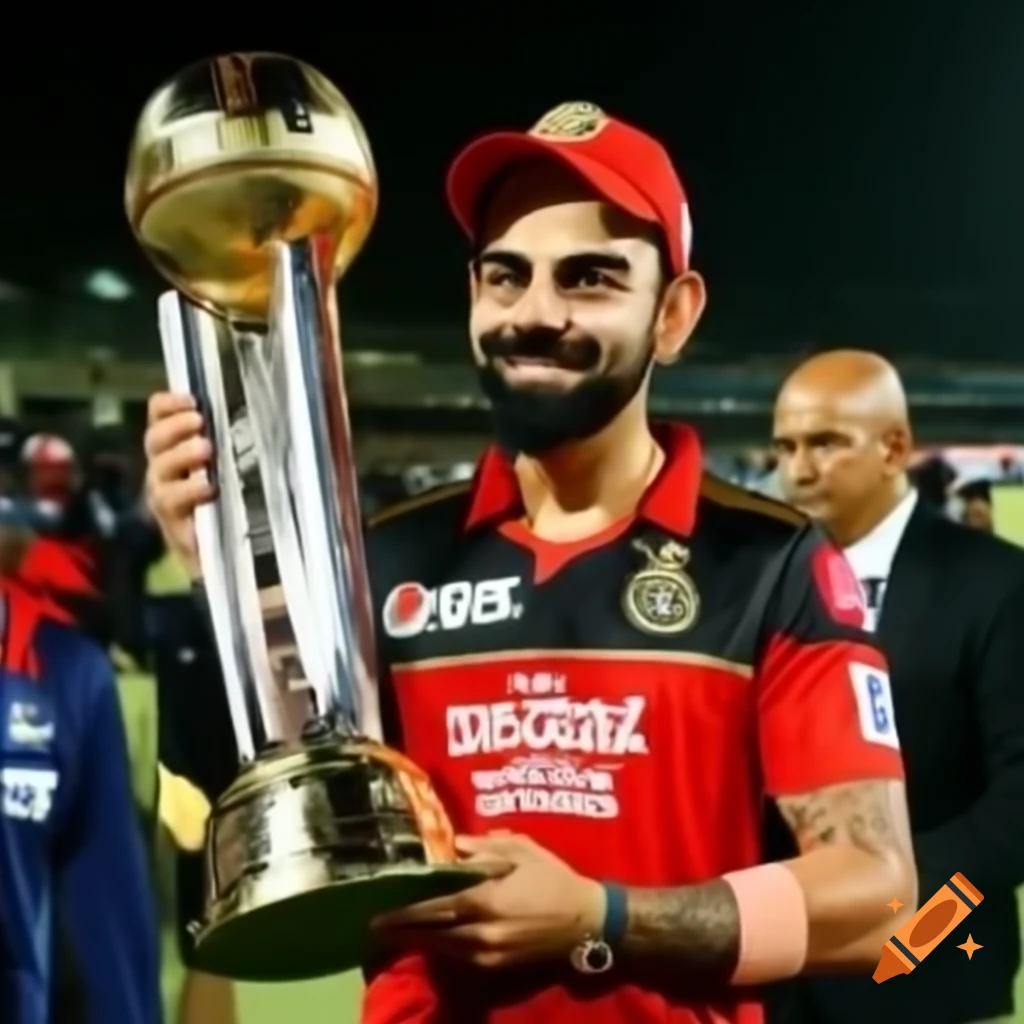 Virat Kohli holding IPL trophy in RCB attire