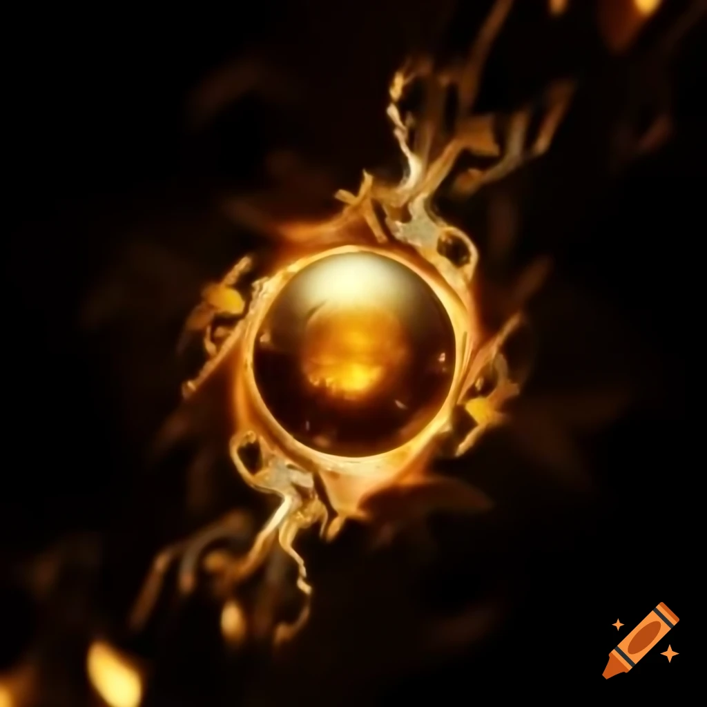 Spherical gold granule surrounded by shimmering ring of golden-orange fire