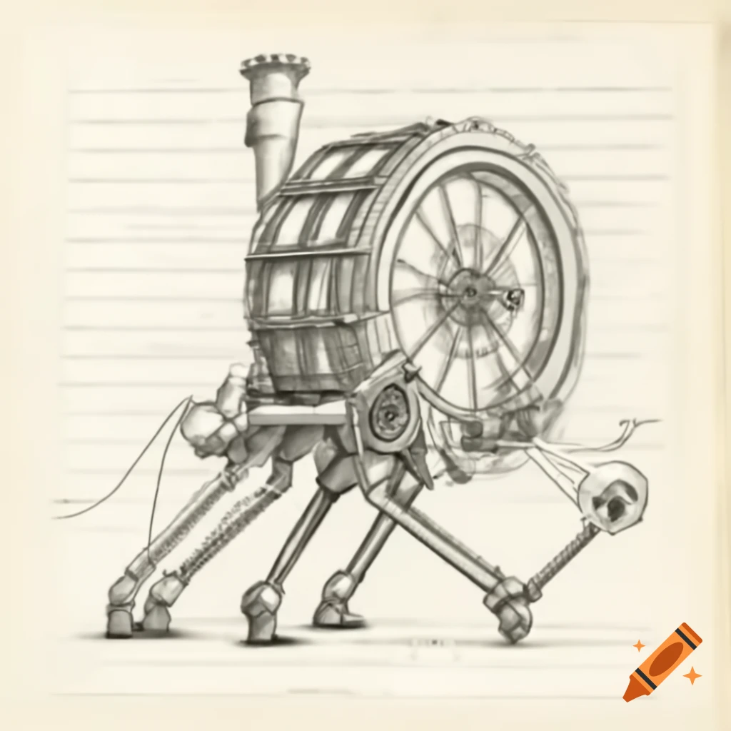 Line drawing of steam-powered decoder wheel with mechanical legs over text, designed by Walter Gropius