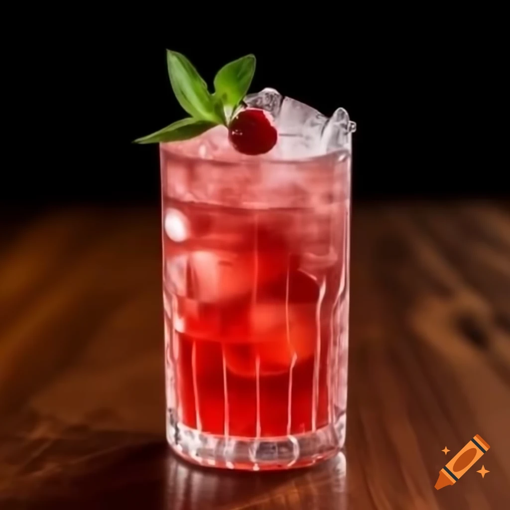 Red cocktail in tumbler with ice, cherry, and mint garnish