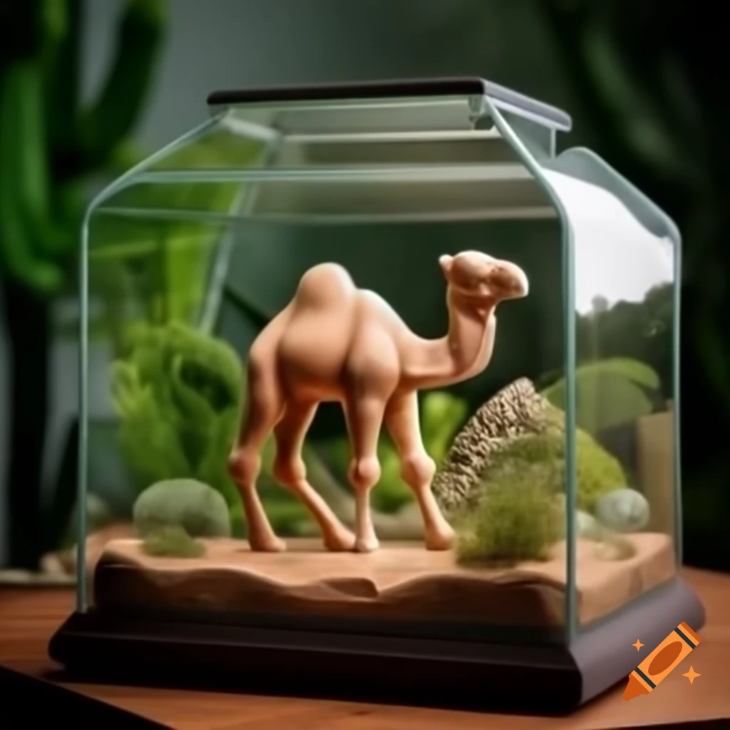Camel sculpture in terrarium with plants depicting a desert oasis
