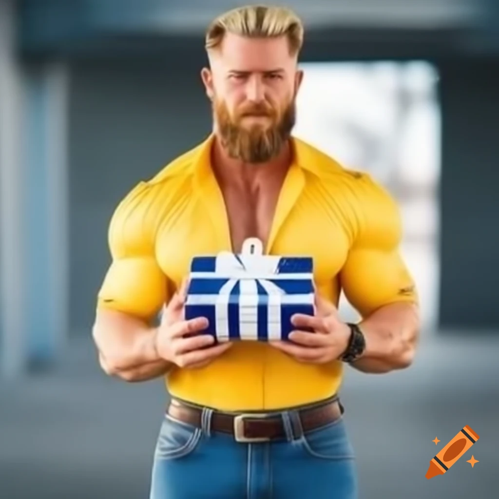 Athletic man in formal yellow shirt holding gift box and smiling