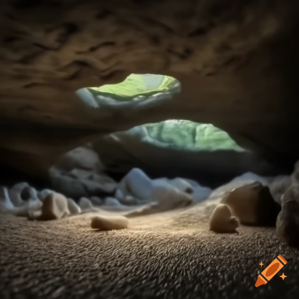 Realistic photo of a large cave with rocky walls and multiple levels