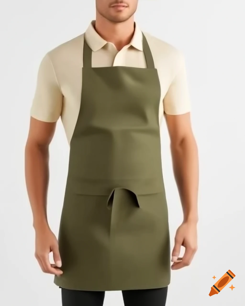 Waiter uniform featuring beige polo t-shirt, olive apron, and black trousers