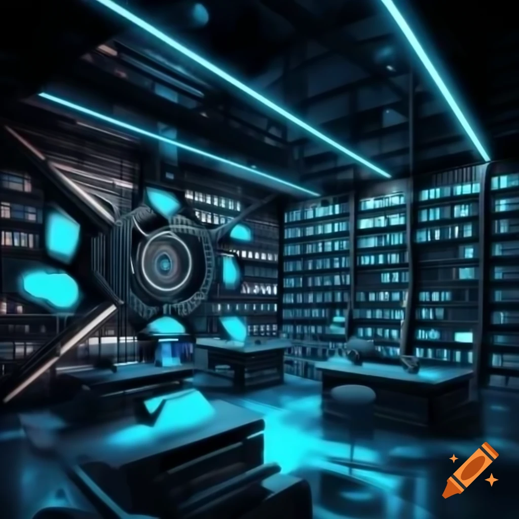 Futuristic 3D digital library with glowing holographic books and neon colors