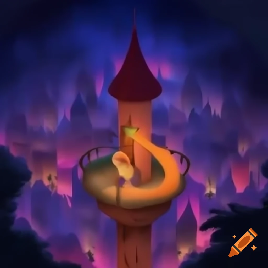 Villain's machine draining energy from Rapunzel atop Core Tower, city shaking
