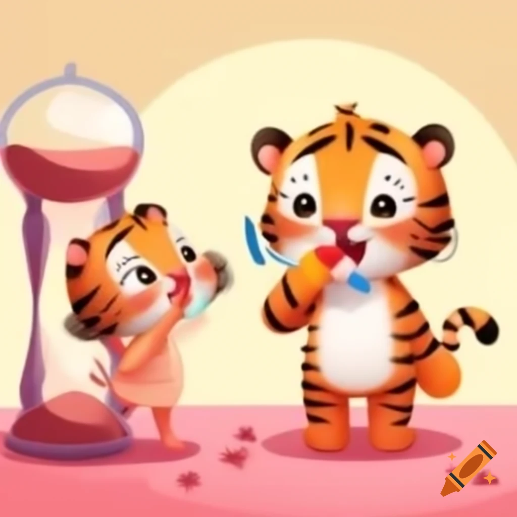 Baby tiger brushing teeth with mother and sand timer in background