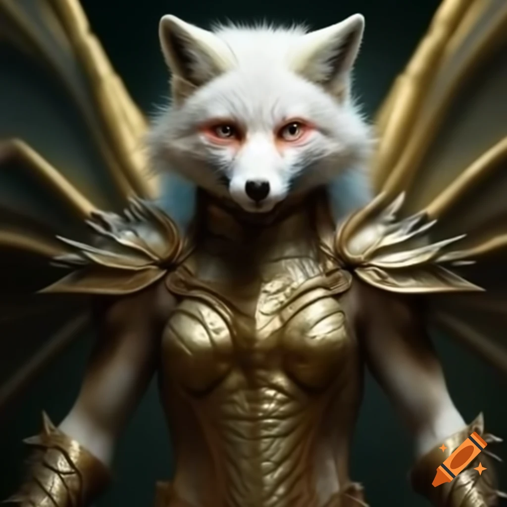 Full body shot of white furred female fox transforming into a female dragon in gold catsuit
