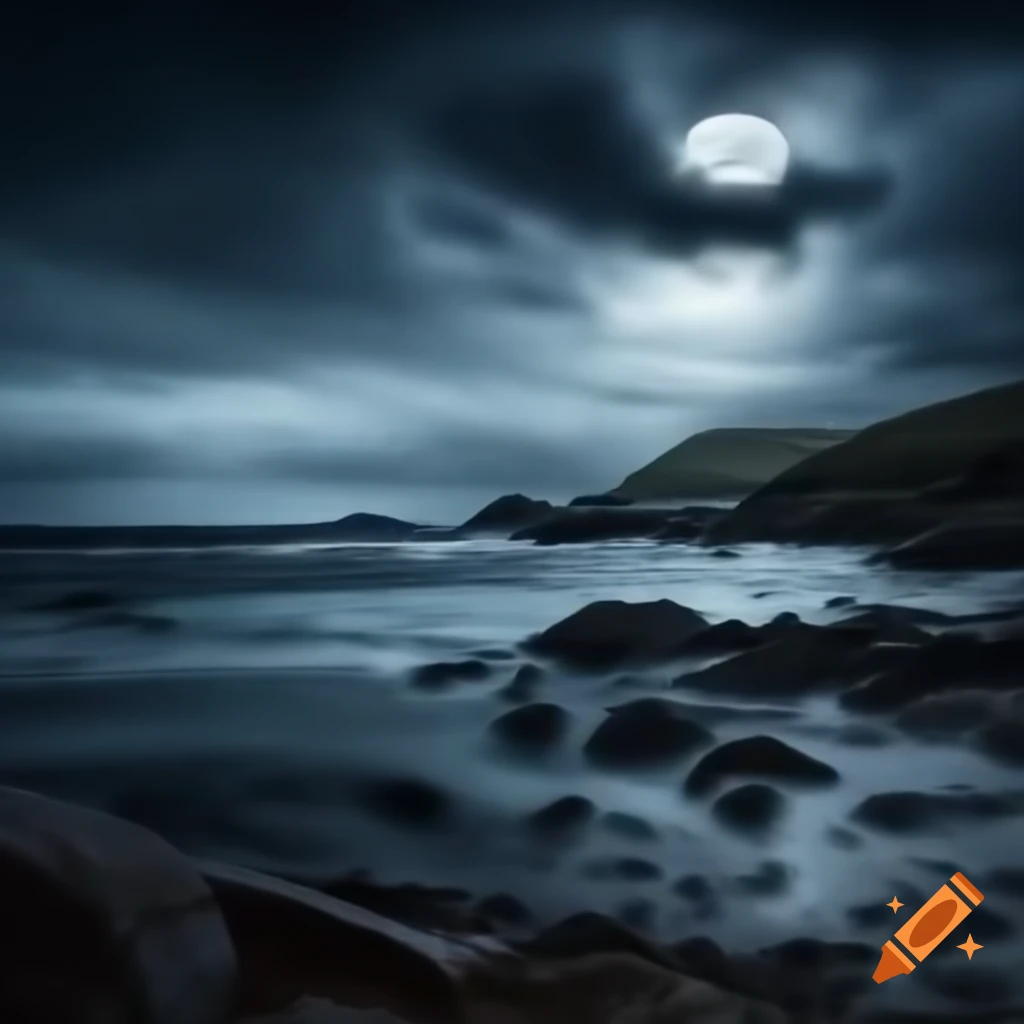 Stormy Scottish coast illuminated by moonlight