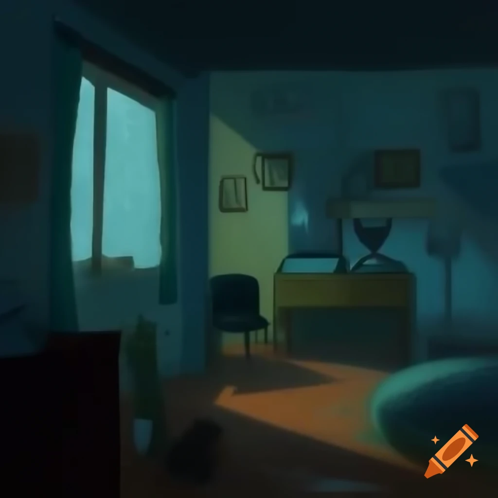 Cozy dimly lit room with vintage decor and rainy street view at night