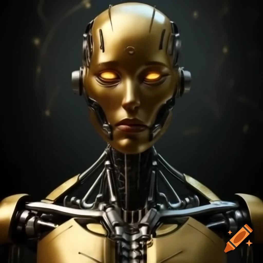 Human hand touching robotic hand with golden light background