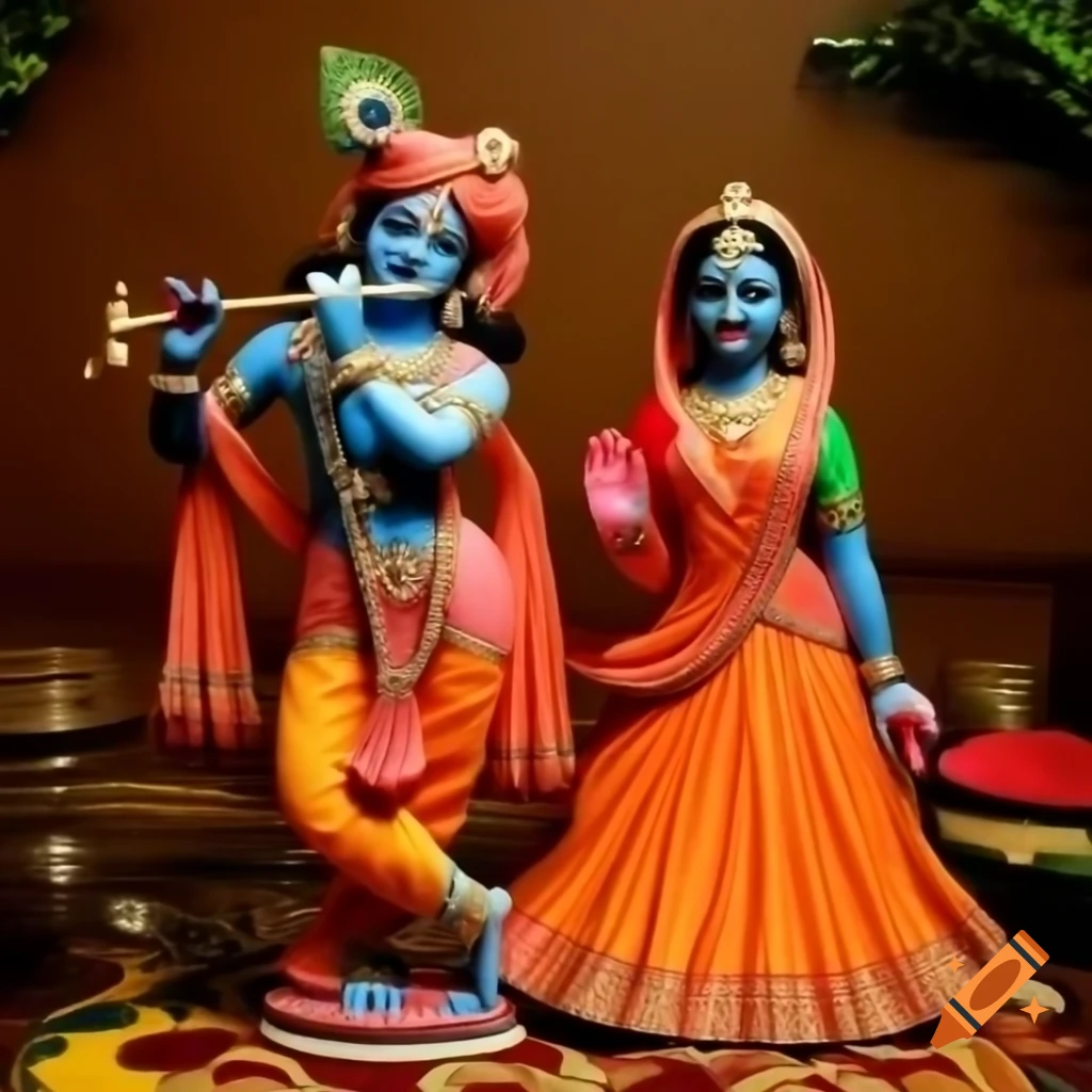 Traditional Bengali clay statues of Radha and Krishna on patterned carpet