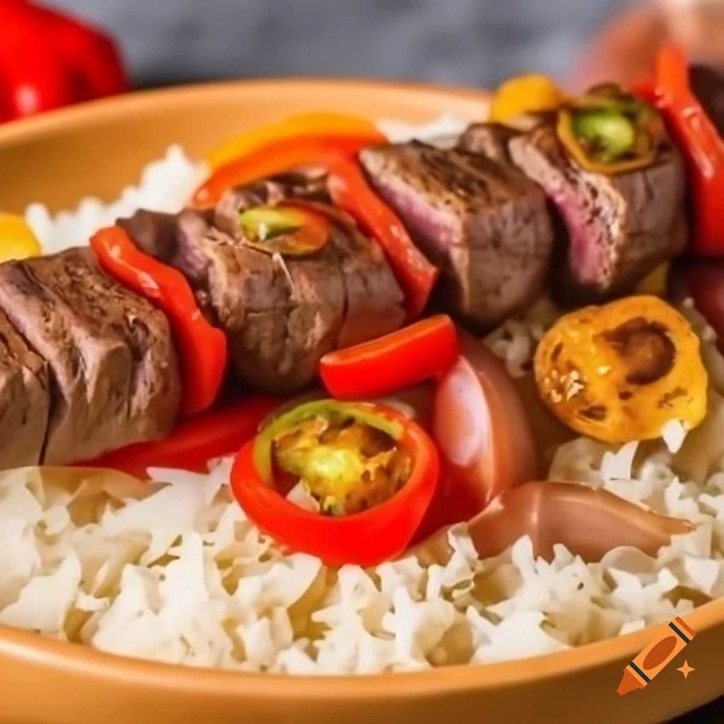 Sirloin steak kebab with peppers and onions served on basmati rice