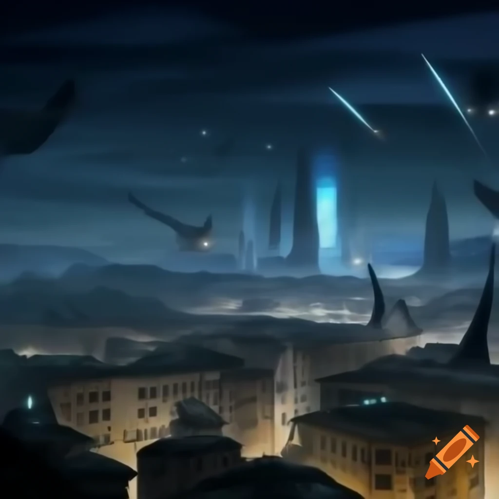 Cyberpunk night landscape of Genoa with futuristic skyscrapers and flying vehicles
