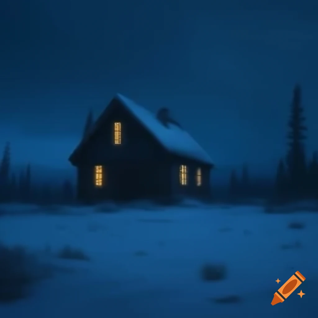 Desolate snow-covered Alaskan landscape with glowing cabin at twilight
