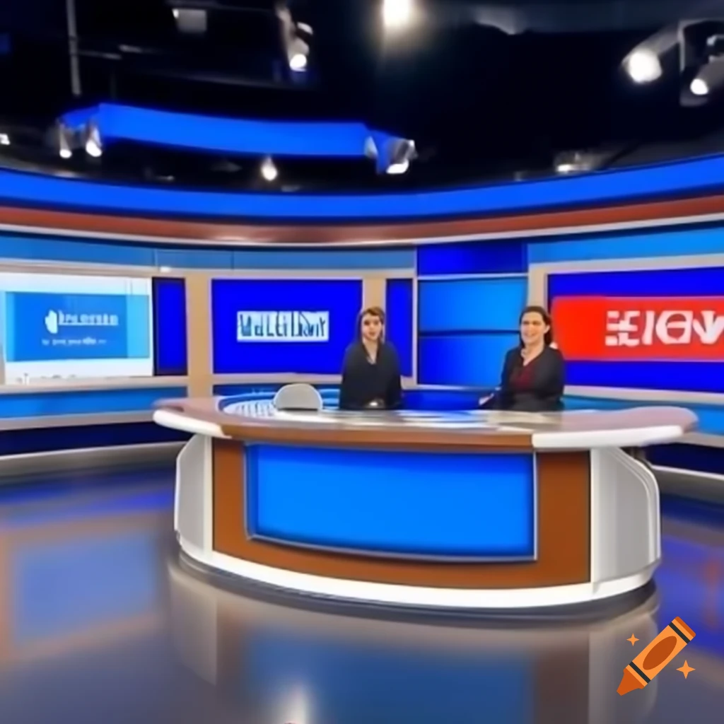 Modern news anchor desk in bright studio ready for broadcast on Craiyon