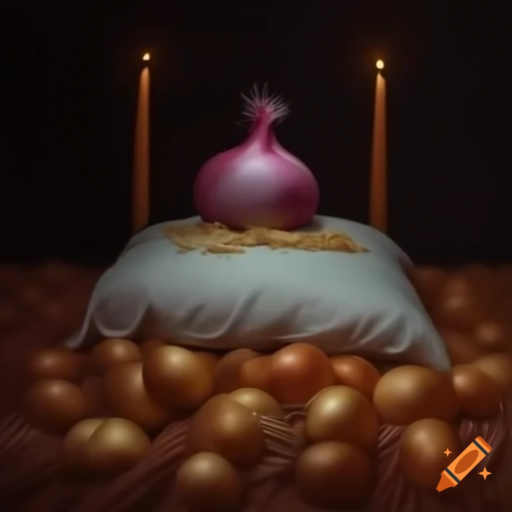 Realistic depiction of a bed with onions and candles on top