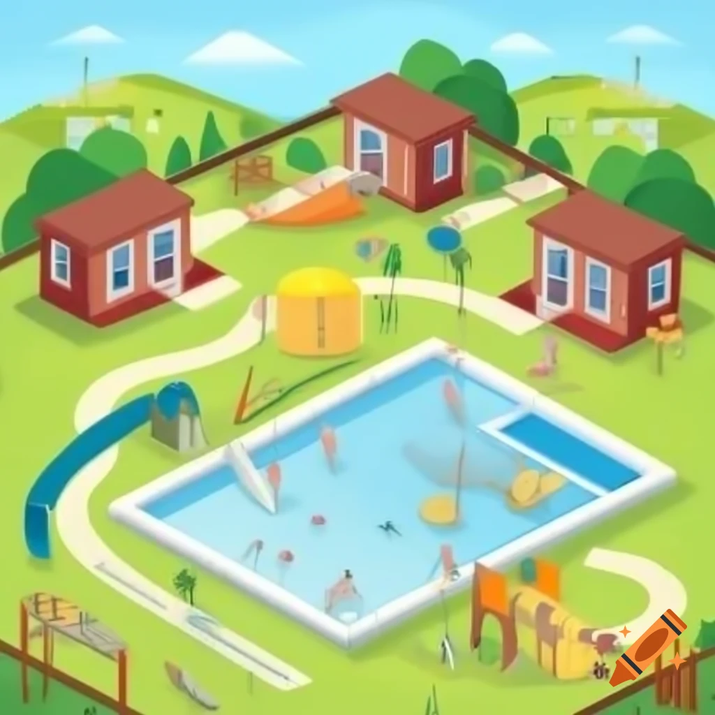 Community of small tiny homes with shared amenities like pool and playground
