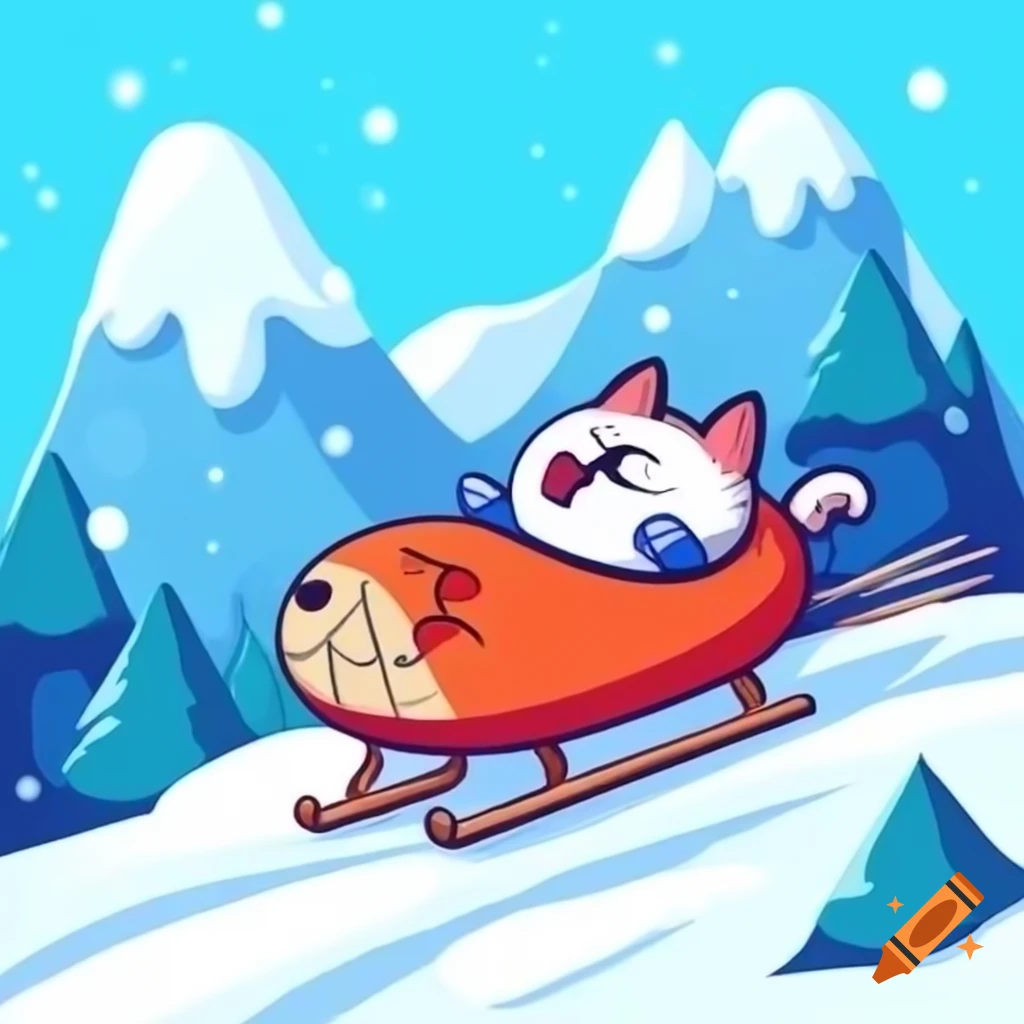 Cartoon black cat surfing on bobsled downhill in snowy landscape