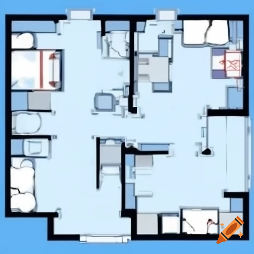 2D architectural blueprint of a 10x10 house with two bedrooms, bathroom, living room, and kitchen