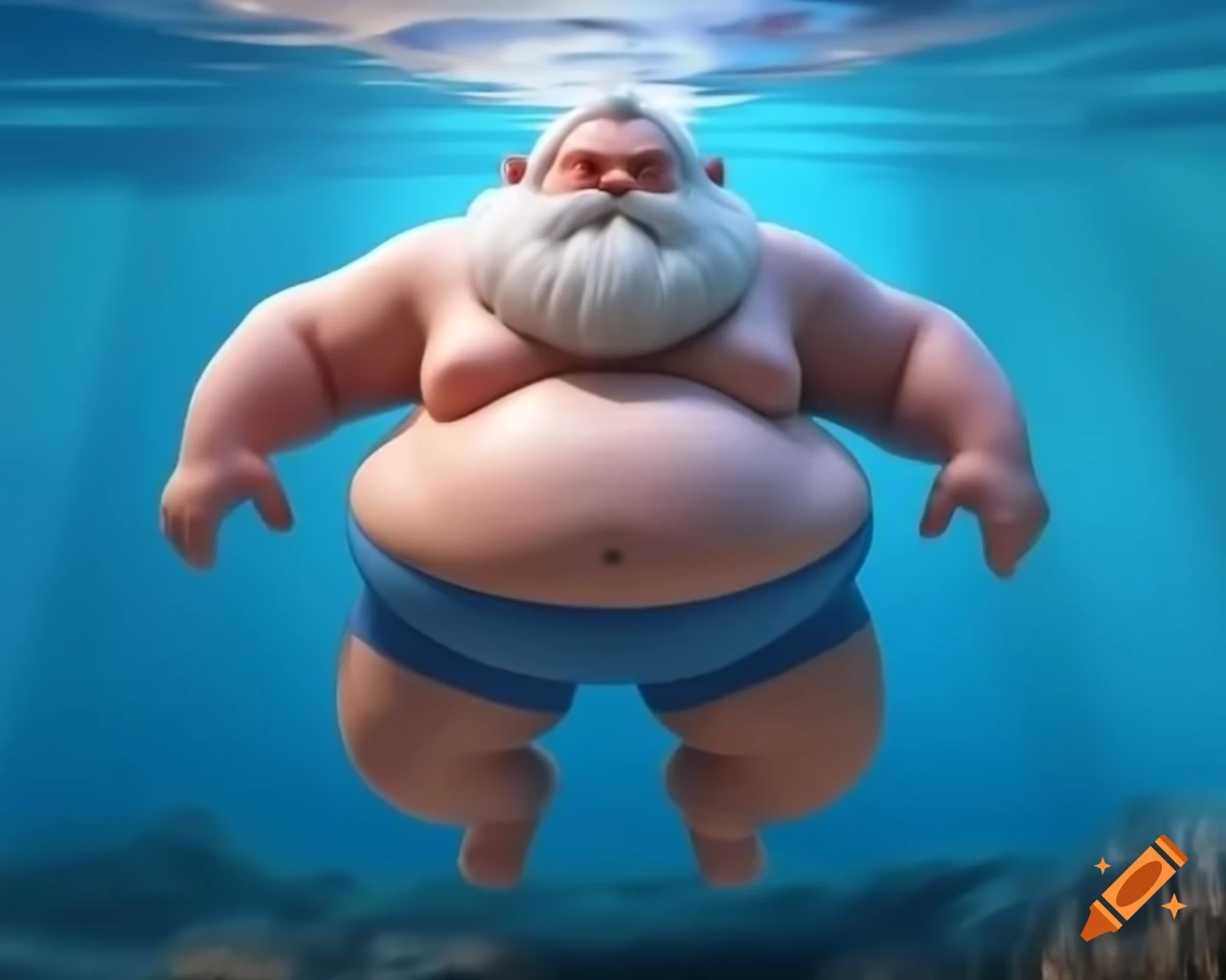 Chubby old man in a diving suit swimming in the ocean, low-poly 3D render