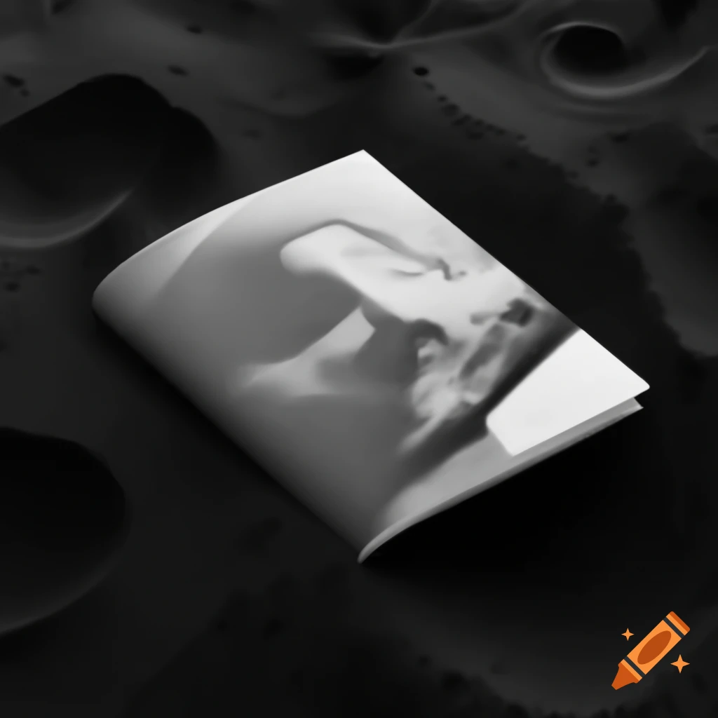 Realistic magazine mockup with wrinkles displayed on black sand