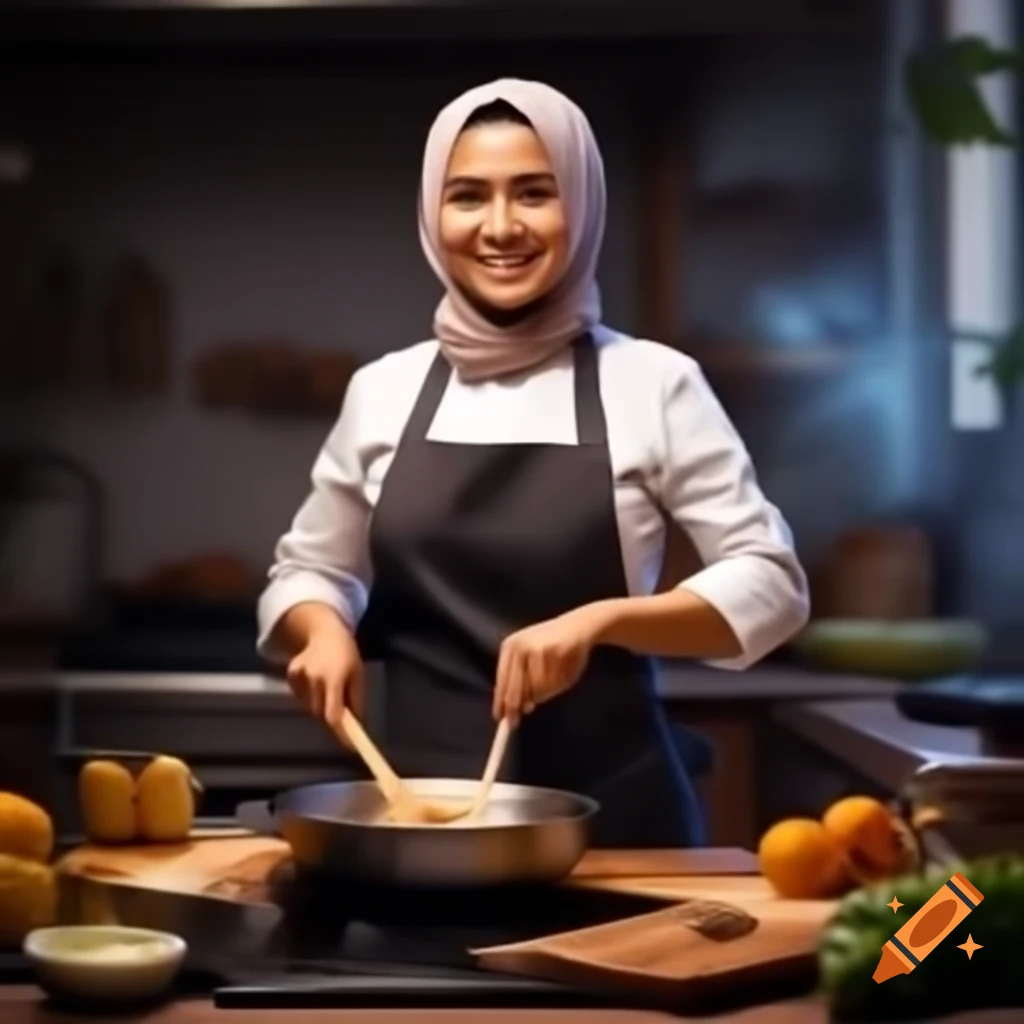 Professional female chef in hijab working in a kitchen environment