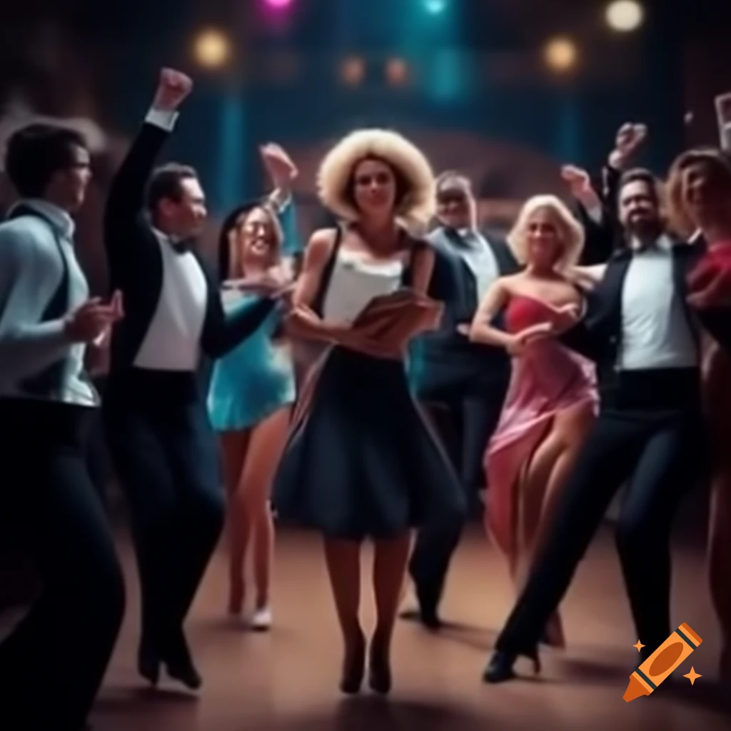 Woman holding clipboard at disco dance party in a ballroom, realistic style