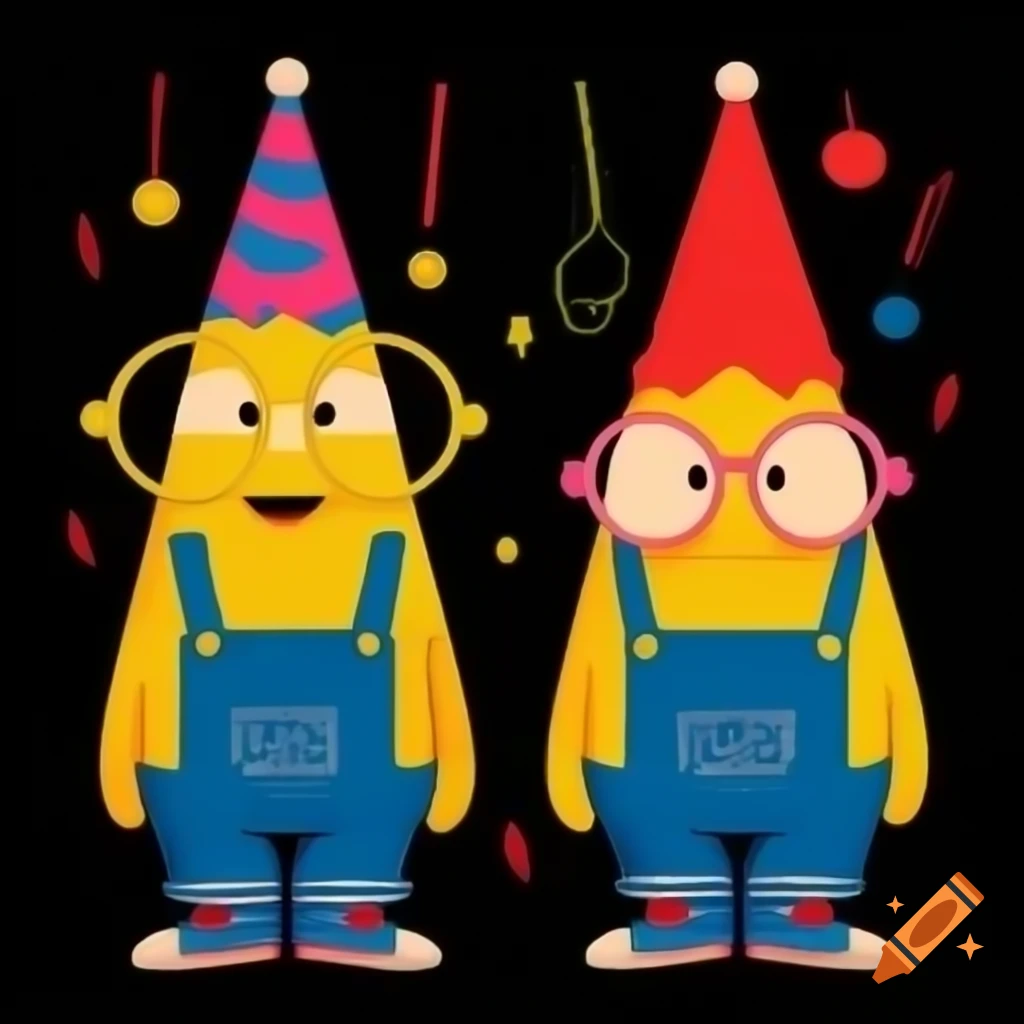 Two funny yellow cartoon characters in blue overalls with glasses and party hat holding a festive banner