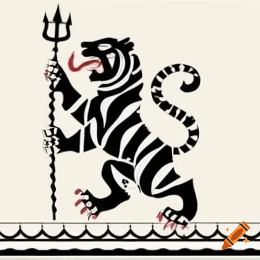 Stylized black and white graphic design of a dynamic tiger holding a trident