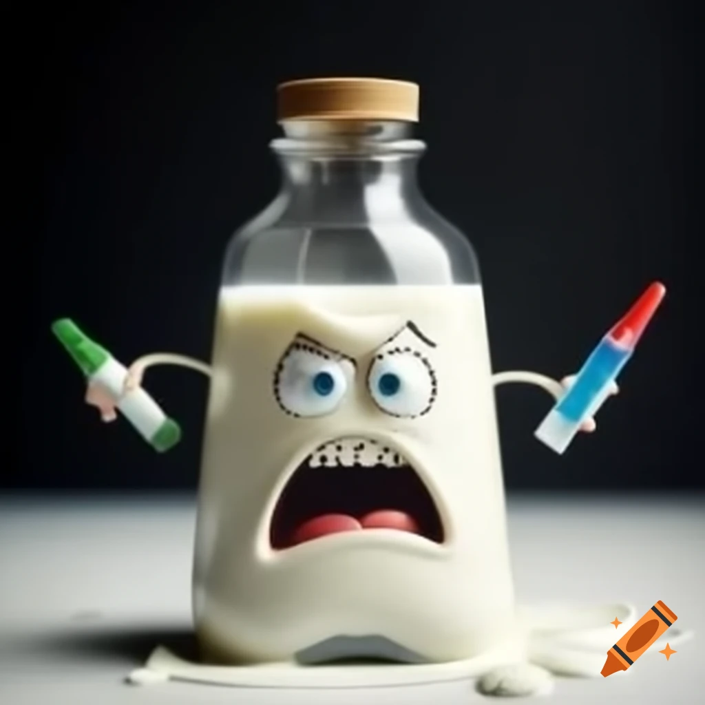 Cartoon bottle with horrified expression covered in glue and milk