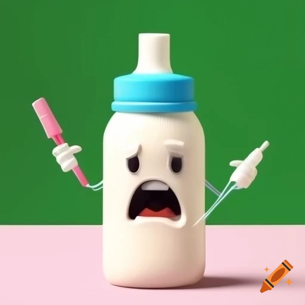 Cartoon bottle with horrified expression covered in glue and milk