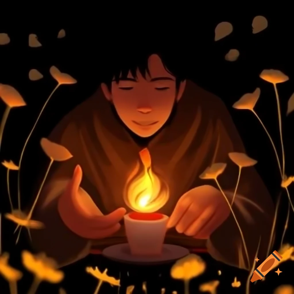 Man cupping hands around glowing light surrounded by fireflies