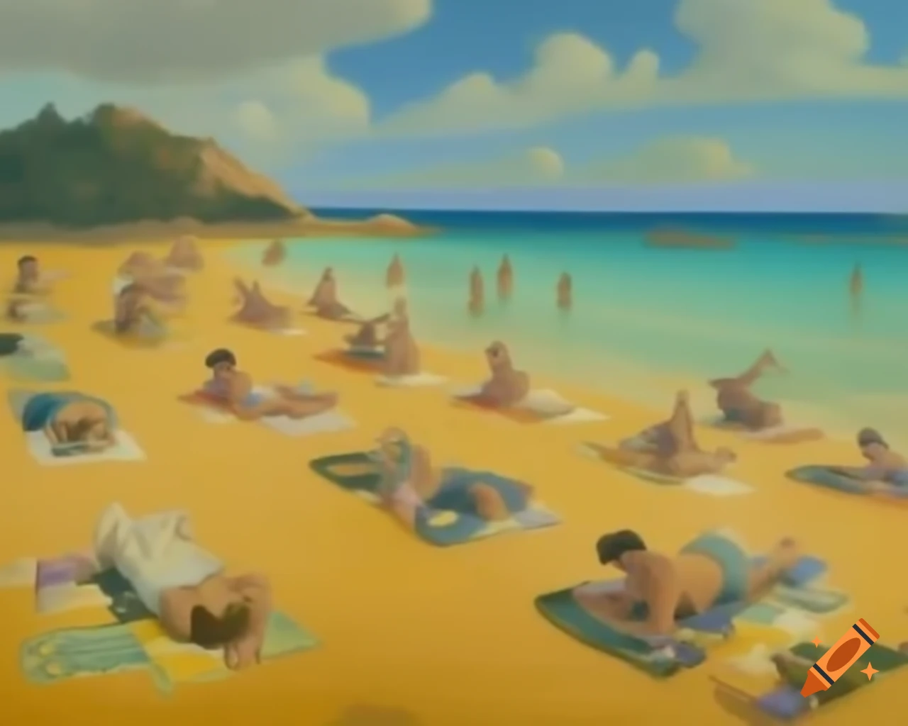Painting inspired by Seurat with people engaged in various sports